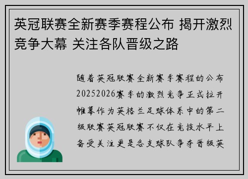 英冠联赛全新赛季赛程公布 揭开激烈竞争大幕 关注各队晋级之路